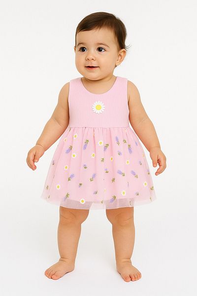 dinamik çocuk Lavender Patterned Tulle Dress Corded Sleeveless Summer Bodysuit for Girls
