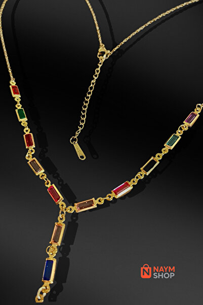 NAYM SHOP Mini Dikdörtgen Renkli Taşlı Y Model Gold Kolye 1 ADET