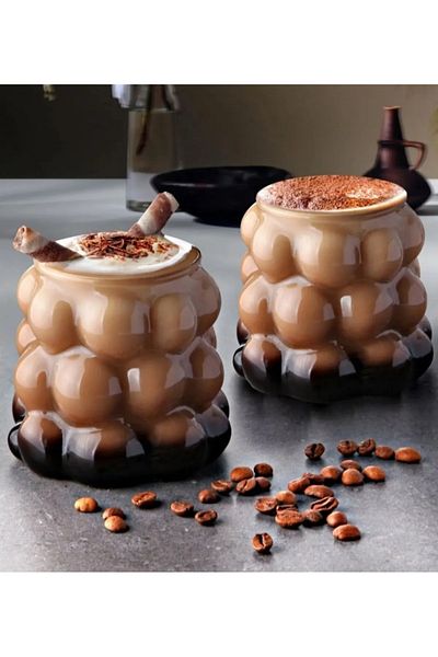 Mercan 3 Pieces Heat Resistant Borosilicate Glass Bead Cup - Coffee Presentation Cup with Beaded Grapes - 350 ml