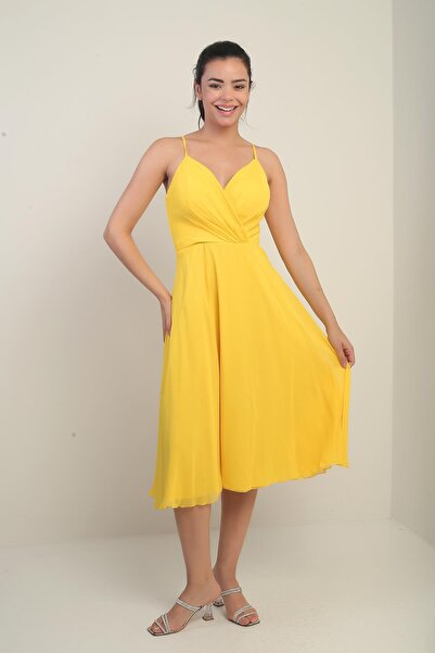 By Saygı Women's Rope Strap Double Breasted Neck Lined Back Lace up Flared Chiffon Dress