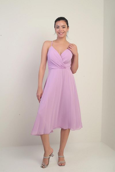 By Saygı Rochie de damă din șifon evazat, cu bretele din frânghie, cu guler dublu, căptușită la spate