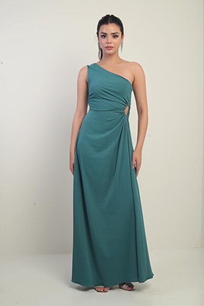 By Saygı Γυναικείο φόρεμα με έναν ώμο με λεπτομέρεια μακρύ κρεπ σατέν