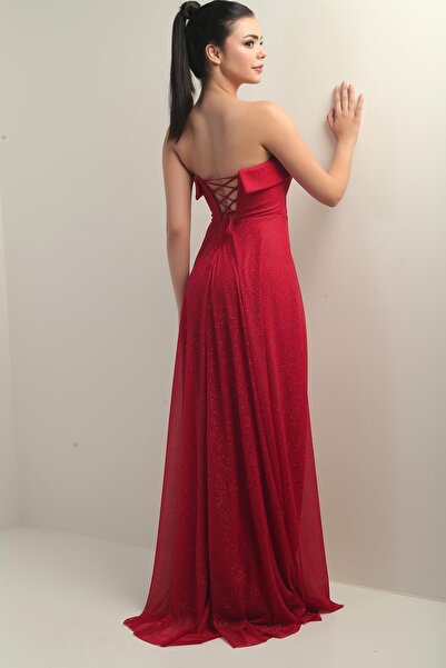 By Saygı Kadın Yakası Süngerli Astarlı Simli Uzun Tül Elbise