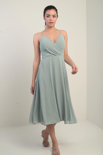 By Saygı Women's Rope Strap Double Breasted Neck Lined Back Lace up Flared Chiffon Dress