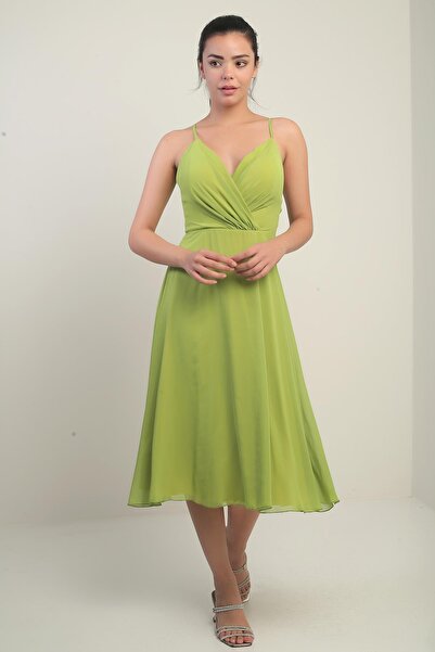 By Saygı Women's Rope Strap Double Breasted Neck Lined Back Lace up Flared Chiffon Dress