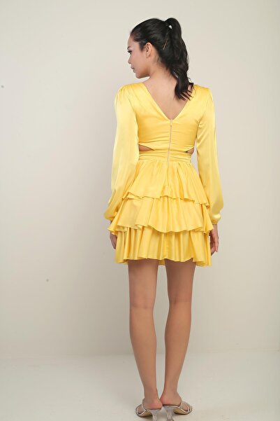 By Saygı Women's Front Back V Neck Low-Cut Low-Cut Lined Fold Satin Short Dress