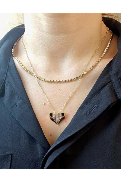 İNİTİUM Premium Series Stainless Steel Black Enamel Detailed Gold Necklace