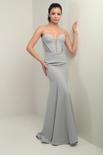 By Saygı Women's Strapless Lace up Back Lining Underwire Long Fish Evening Dress