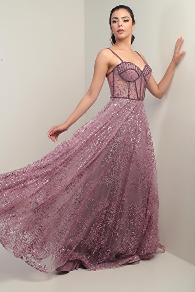 By Saygı Rochie de seară lungă, cu bretele din frânghie, cu mărgele, cu paiet...