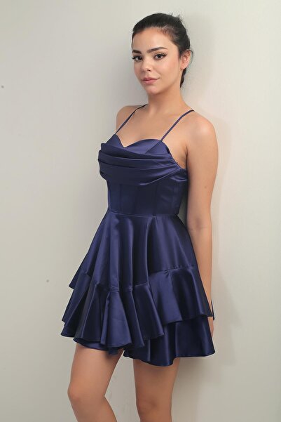 By Saygı Kadın İp Askılı Arkadan Bağlamalı Balenli Eteği Katlı Astarlı Saten Kısa Elbise