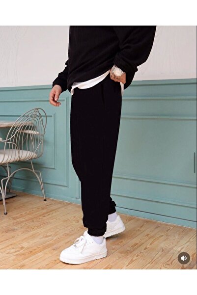FİTGO Siyah Jogger Fit Kesim Lastik Paça 3 Iplik Pamuklu Eşofman Alt