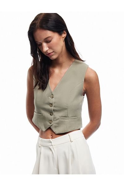 Koton Modal Blend Lined Slim Fit V Neck Button Blazer Vest