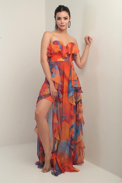 By Saygı Women's Strapless Lined Large Floral Flounced Chiffon Long Dress