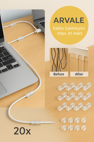 ARVALE Kablo Sabitleyici Klipsler 20 Adet Kablo Düzenleyici Duvar Fayans Cam Kablo Tutucu Yapışkanlı Klips