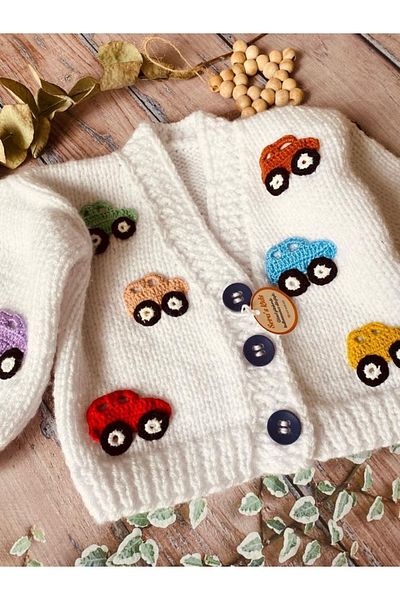 seraskids WHite Car Patterned Hand Knitted Cardigan for Baby Boy