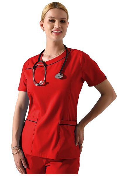 BEDUCA Red Lycra Collar Detailed Scrubs Set, Esthetician and Beauty Center Uniform