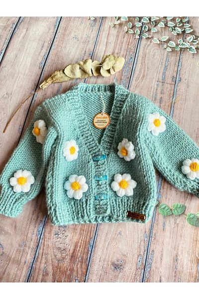 seraskids Turquoise Daisy Hand Knitted Crop Baby Girl Cardigan