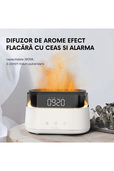 WELSMAR Difuzor Premium De Arome Cu Efect De Flacara Si Abur Aromatic, Ceas Modern Cu Functie De Alarma