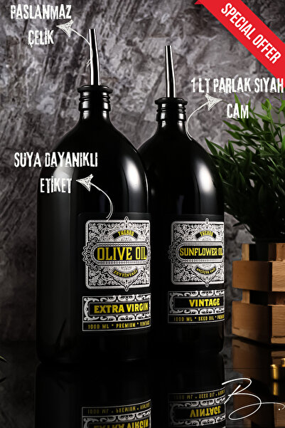 TheBRo 1 Litre Vintage Special Edition Parlak Siyah Zeytinyağı Şişesi Ayçiçek...