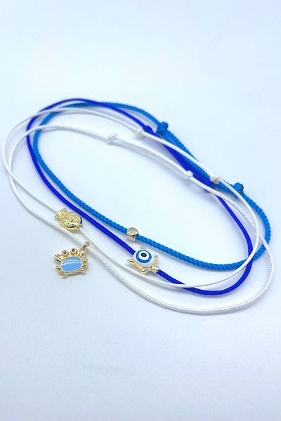 Concept HuBuTU 4 Pieces Minimal Turtle Crab Fish Evil Eye Lucky Figured White Midnight Blue Rope Summer Anklet Set
