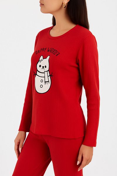 MODA Snowman Plush Printed Red Bottom Top Pajama Set New Year's Series