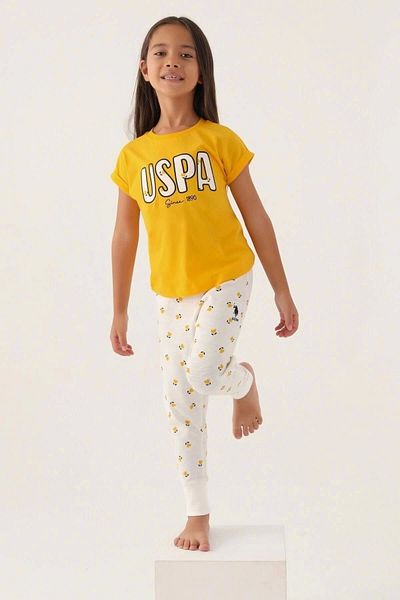 U.S. Polo Assn. Κείμενο με άδεια χρήσης Εκτυπωμένο κίτρινο σετ πιτζάμες για κορίτσια