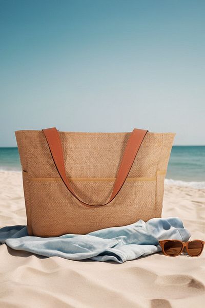 JASPER Straw Beach Bag, Zippered, Leather Edged, Brown, Liquid Proof Lining