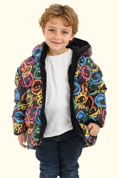 Royalside Boys' Winter Puffer Jacket - Smiling Emoji Pattern, Fleece and Fur, Water and Windproof, Hooded and Pocketed