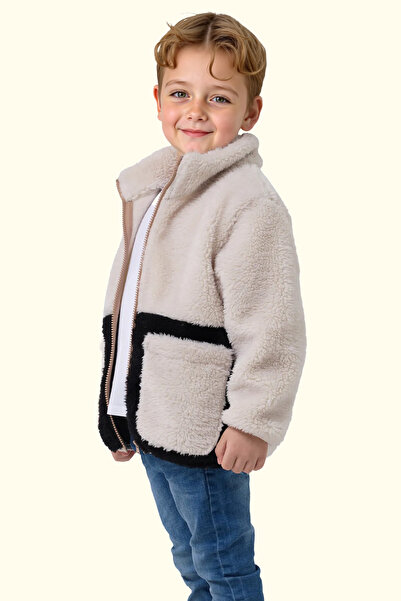 Royalside Erkek Çocuk Peluş Ekru Siyah Cepli Fermuarlı Welsoft Kışlık Mont