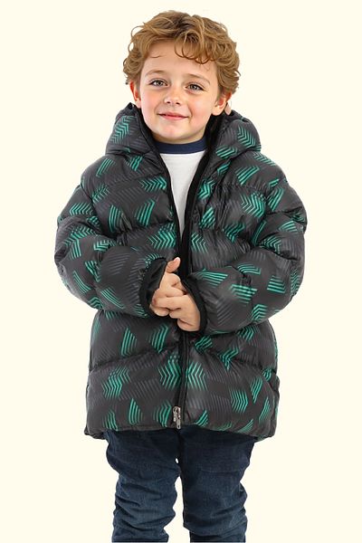 Royalside Boys' Winter Jacket - Black Green Digital Pattern, Fleece Water and Windproof, Hooded Inflatable