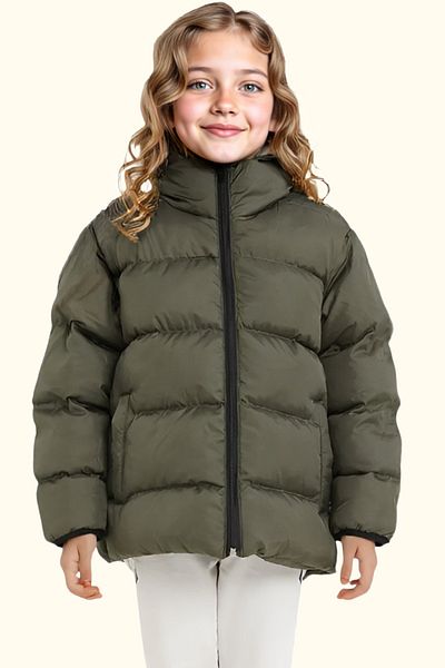 Royalside Girl's Khaki Fleece Inside Hooded Waterproof Wind Resistant Pocket Puffer Winter Jacket