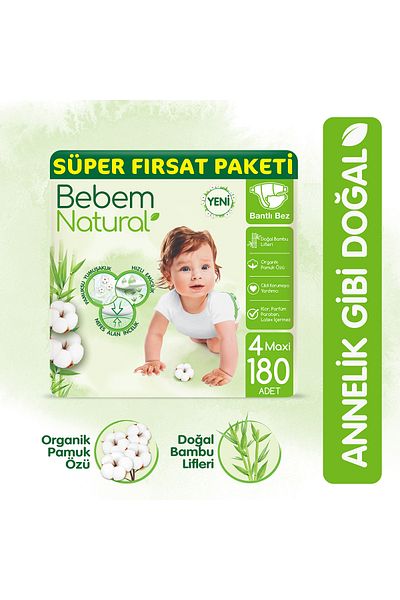 Bebem Natural Size 4 Maxi Baby Diapers - Super Deal Pack 180 Pieces