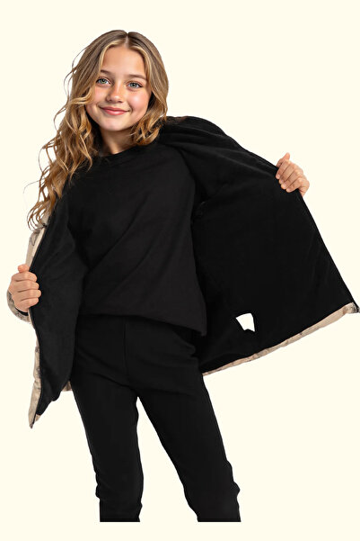 Royalside Palton de iarnă pentru fete, bej, cu model de busolă, fleece, impermeabil și rezistent la vânt, cu glugă, cu buzunare