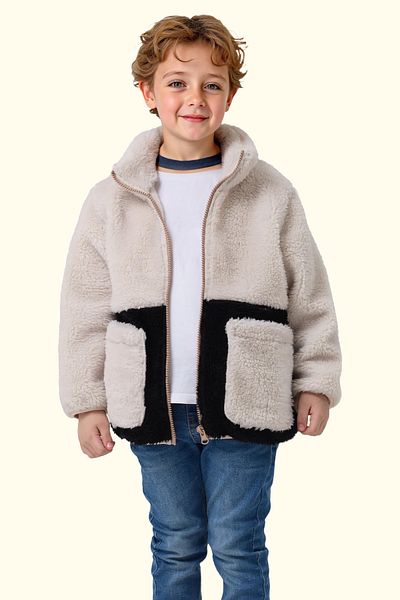 Royalside Boy's Plush Ecru Black Pocket Zippered Welsoft Winter Coat