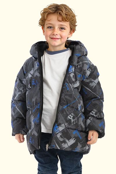 Royalside Boys' Winter Jacket - Saxe Anthracite, Digital Pattern, Fleece Water and Windproof, Hooded Inflatable