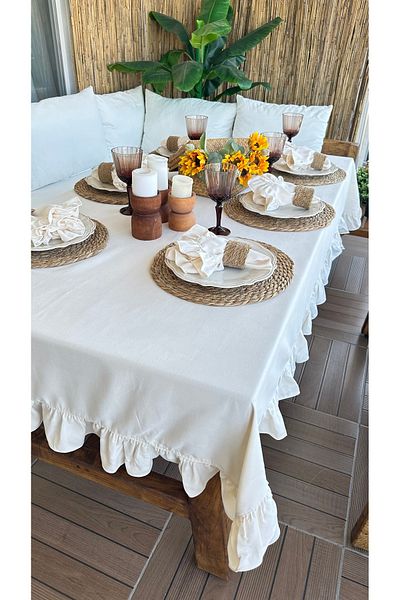 Decamor home Vintage Velvet Textured Ruffled Ecru Table Cloth Carefree Stain Resistant Fabric 1 Piece