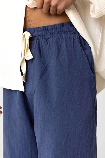 VAMOSCLO Bel Lastikli Baggy Fit Keten Pantolon Lacivert