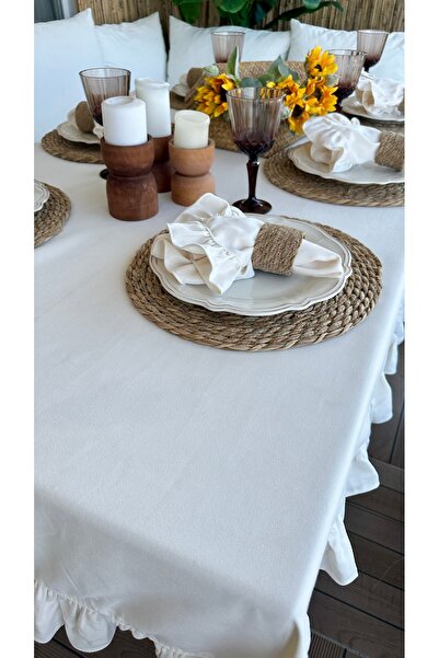 Decamor home Vintage Velvet Textured Ruffled Ecru Tablecloth, Carefree Stain-Resistant Fabric, 1 Piece