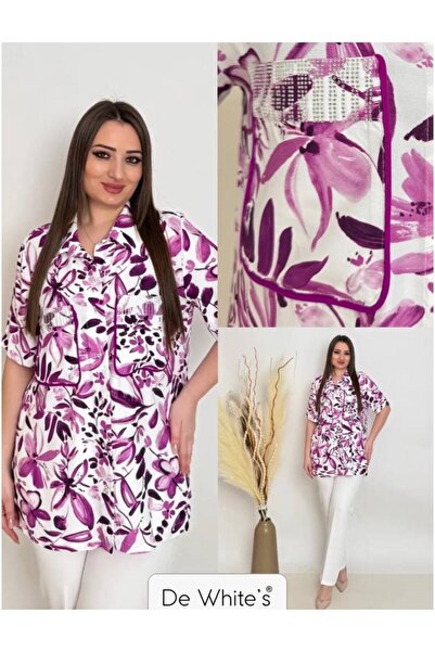 DE WHITES Plus Size Emboidery Printed Pocket Parts Stone Detail Shirt