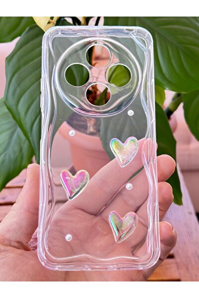 Fibaks Xiaomi Redmi 14C Case 3D Heart Pearl Design Patterned Camera Protection Transparent Silicone Cover