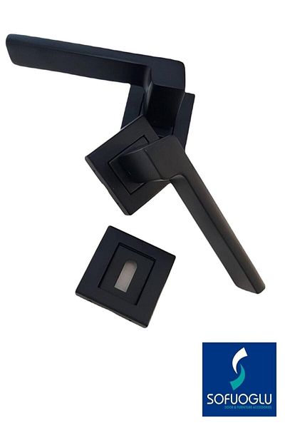 Sofuoğlu Anka Stainless Steel Matte Black Square Rosette Room Door Handle and Black Room Door Lock (SET)