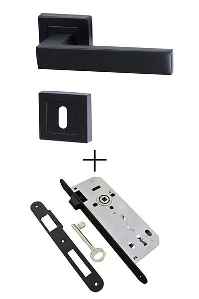 Nobel Avanti (TIP DE CAMERA) Buton de ușă cu insignă pătrată neagră mat / Încuietoare ușii camerei de 40 mm / Încuietoare cu mâner Set complet