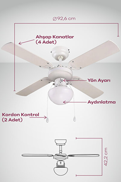 Blooma Aydınlatmalı Beyaz Kanat Eko Tavan Vantilatörü - 92 Cm