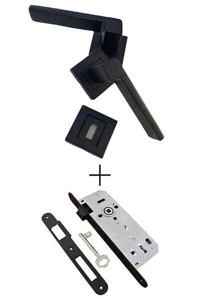 Sofuoğlu Anka Stainless Steel Matte Black Square Rosette Room Door Handle and Black Room Door Lock (SET)