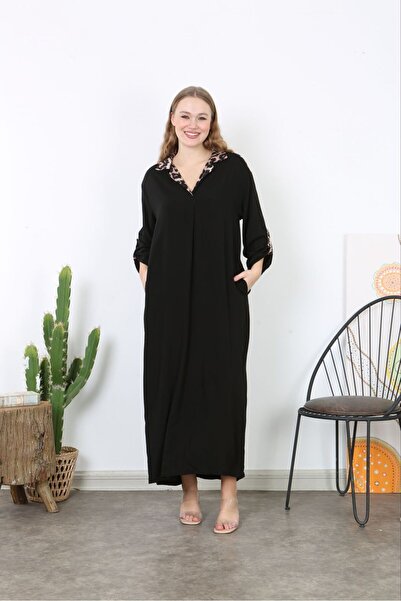 Şans Women's Large Size Black Woven Viscose Leopard Garnish Pocket Long Dress 65N38736
