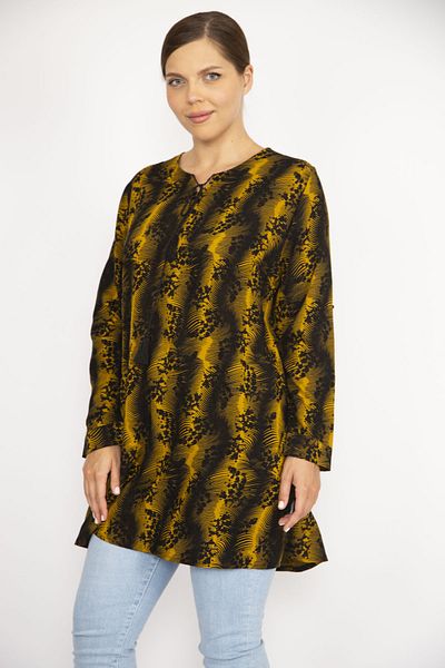 Şans Women's Plus Size Mustard V-Neck Sleeve-Length Adjustable Tunic 65n36720
