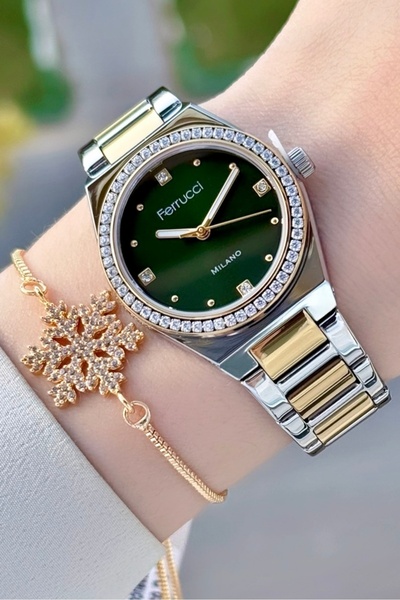 Ferrucci Kadranı Yeşil Kordonu Gold Gümüş Renk Kadın Kol Saati ve Bileklik