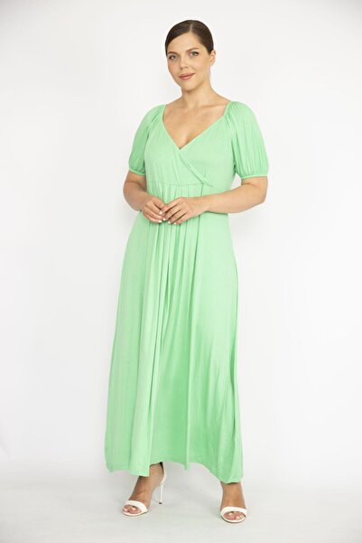 Şans Γυναικείο φόρεμα μεγάλου μεγέθους πράσινου ώμου και μανίκι από καουτσούκ με γιακά 65n36743