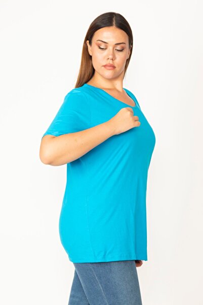 Şans Women's Plus Size Turquoise Cotton Fabric V-Neck Short Sleeve Blouse 65n29546