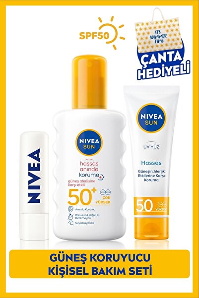 NIVEA Sun Spf50 Hassas Güneş Koruyucu Sprey 200ml, Yüz Güneş Koruyucu 50ml,renksiz Dudak Krem,çanta Hediye